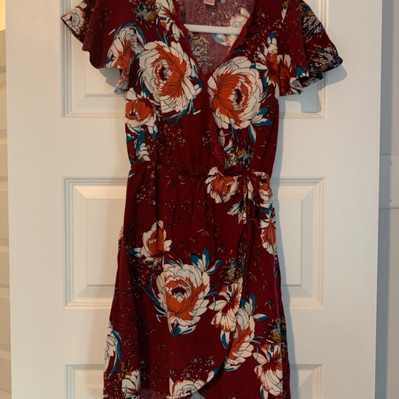 Burgundy Floral Dress XS pockets hi-lo boho mini slip dress romantic babydoll - Picture 3 of 11